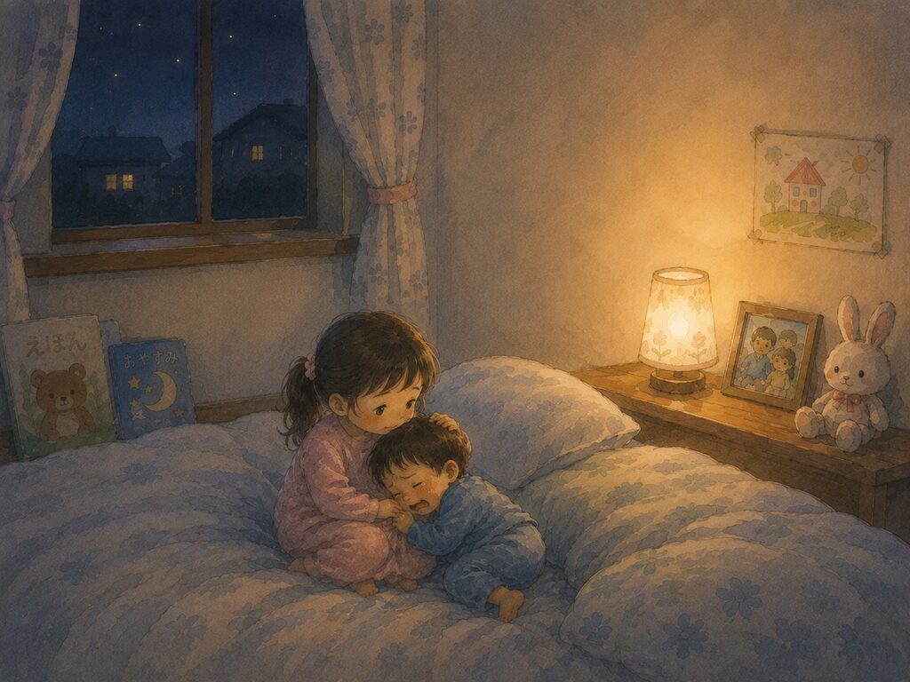 女の子と男の子が抱きついてなく様子
